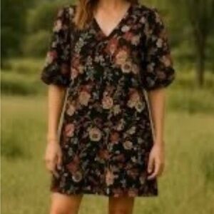 Cynthia Rowley Black Floral swing trapeze dress puff sleeve size small